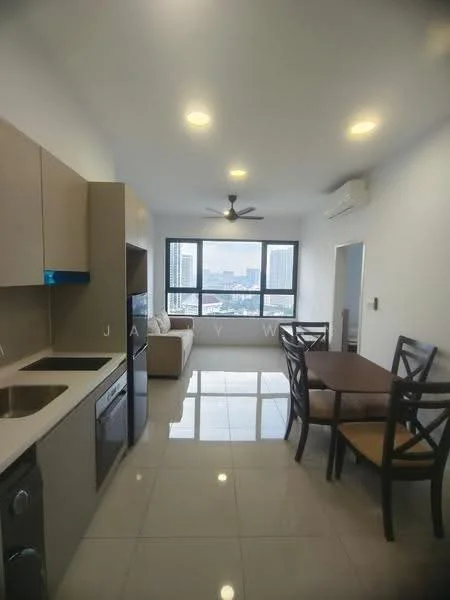 Kitchen features: single-bowl stainless-steel sink, chrome pull-down faucet, grey cabinetry, built-in oven, stainless-steel fridge, ceramic tile flooring, recessed downlights, ceiling fan, open-plan layout with dining area, floor-to-ceiling windows, white walls; style: modern; view: city. Dining features: 4-seater dining table, wooden dining chairs; style: modern; view: city. Living features: fabric sofa in beige, coffee table; style: modern; view: city.
