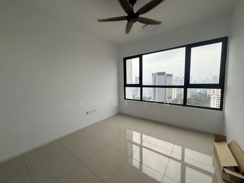 Room features: white painted walls, glossy tile flooring, floor-to-ceiling windows, ceiling fan, city view; style: modern; view: city.