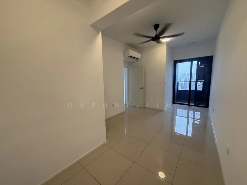 Room features: white painted walls, glossy ceramic tile flooring, 5-blade ceiling fan with light, wall-mounted split AC, floor-to-ceiling windows, sliding glass door, balcony access, natural light; style: modern; view: city.