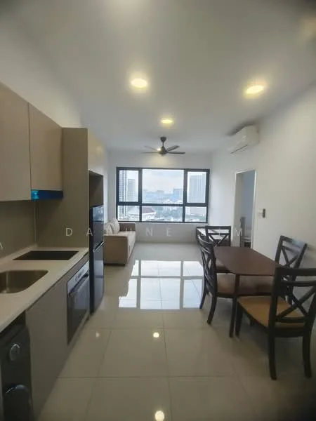Kitchen features: single-bowl stainless-steel sink, chrome pull-down faucet, grey laminate cabinetry, built-in oven, stainless-steel fridge, 4-burner gas hob, white quartz countertop, tile backsplash, recessed downlights, floor-to-ceiling windows, white painted walls, polished ceramic tile flooring, ceiling fan, wall-mounted split AC; style: modern; view: city. Dining features: 4-seater dining table, wooden dining chairs. Living features: sofa, coffee table.