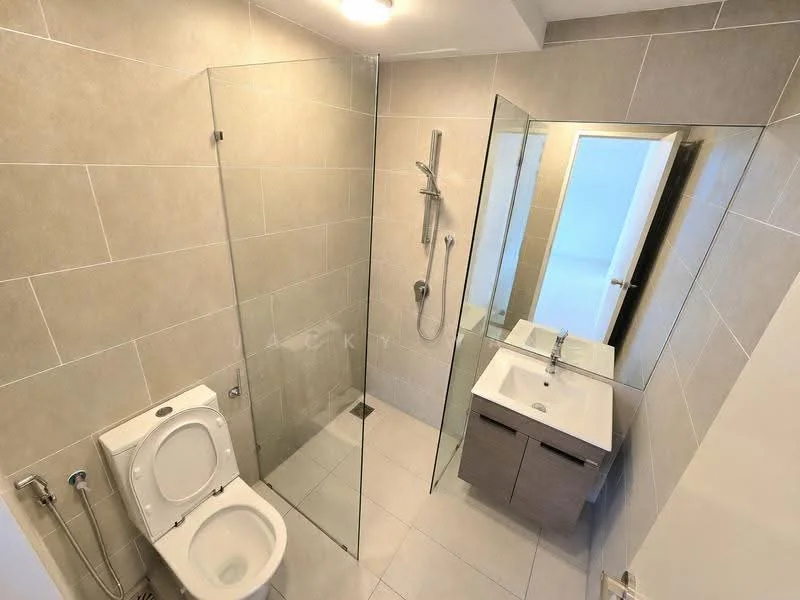 Bathroom features: walk-in shower with glass enclosure, chrome handheld shower, chrome wall-mounted shower head, single-sink vanity with grey cabinet, white ceramic sink, framed mirror, one-piece toilet, tile cladding on walls, ceramic tile flooring, recessed downlights; style: modern.