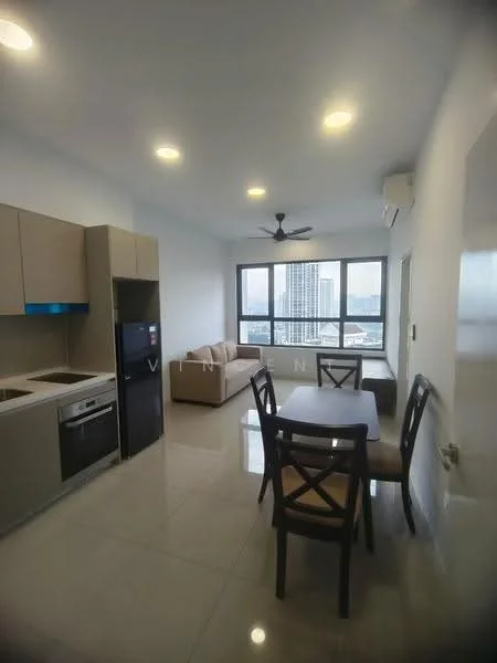 Kitchen features: light beige cabinetry, built-in oven, stainless-steel fridge, ceramic cooktop, single-bowl stainless-steel sink, chrome pull-down faucet, white quartz countertop, tile backsplash; style: modern; view: city. Living features: 3-seater fabric sofa in beige, wood dining table for 4, 4 dining chairs, ceiling fan, wall-mounted air conditioning unit, large window with city view, recessed downlights, polished tile flooring; style: modern; view: city.