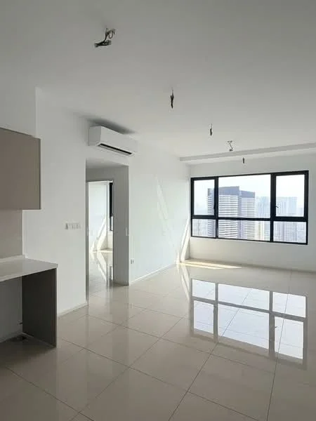 Living features: white painted walls, glossy tile flooring, floor-to-ceiling windows, 1 wall-mounted split AC, recessed downlights, open layout, natural light, city skyline view; style: modern; view: city. Kitchen features: white cabinetry, countertop, open layout to living area; style: modern.