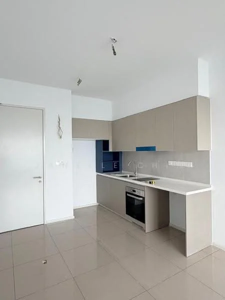 Kitchen features: light grey cabinetry, blue backsplash, white countertop, built-in oven, stainless-steel sink, chrome faucet, ceramic tile flooring, recessed ceiling lights, single-bowl sink, open layout; style: modern.