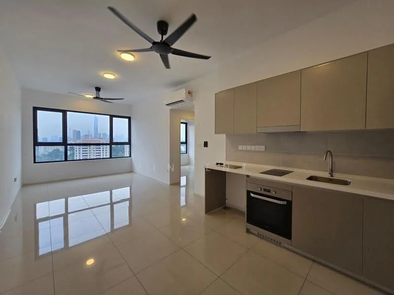 Kitchen features: white painted walls, glossy tile flooring, recessed downlights, 2-blade ceiling fan, stainless-steel sink, chrome pull-down faucet, built-in oven, stainless-steel range hood, kitchen cabinetry in light beige, countertop in white, floor-to-ceiling windows, city skyline view; style: modern; view: city. Living features: white painted walls, glossy tile flooring, recessed downlights, 2-blade ceiling fan, floor-to-ceiling windows, city skyline view; style: modern; view: city.
