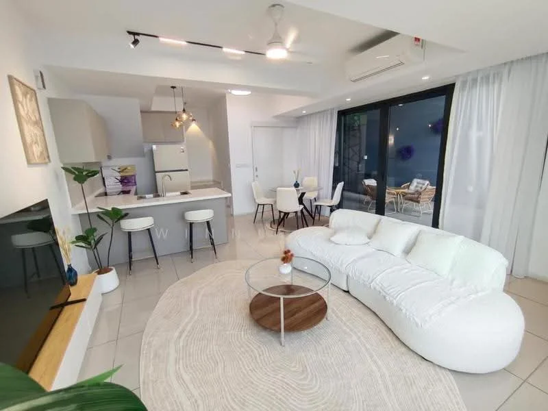 Living features: curved white fabric sofa, round wooden coffee table, area rug with circular pattern, wall-mounted TV, 5-blade ceiling fan with light, recessed downlights, floor-to-ceiling windows, sliding glass door, white sheer curtains, decorative plant in ceramic pot; style: modern; view: garden. Kitchen features: white cabinetry, stainless-steel fridge, built-in oven, 4-burner gas hob, pendant lighting over kitchen island, kitchen island with seating; style: modern.