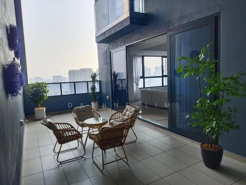 Balcony features: outdoor seating set with four rattan chairs, round glass-top coffee table, potted plant, grey painted walls, floor-to-ceiling sliding glass doors, ceramic tile flooring, city skyline view; style: modern; view: city.