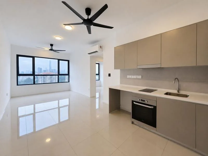 Living features: white painted walls, glossy tile flooring, floor-to-ceiling windows, 2 ceiling fans, recessed downlights, kitchenette with grey cabinets, stainless-steel sink, built-in oven, ceramic cooktop, countertop with backsplash; style: modern; view: city.