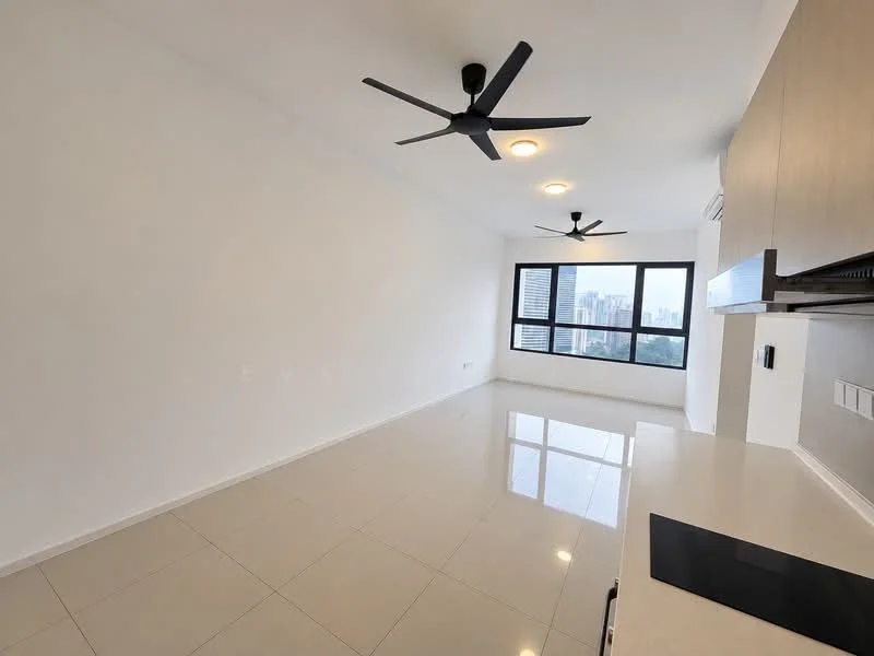 Living features: white painted walls, glossy ceramic tile flooring, 2 ceiling fans, recessed downlights, large windows with city view, air conditioning unit, open layout, neutral color scheme; style: modern; view: city.