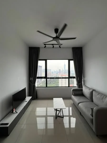 Living features: grey fabric sofa, coffee table, wall-mounted TV, floor-to-ceiling windows, curtains, 5-blade ceiling fan with light, glossy tile flooring, neutral painted walls; style: modern; view: city.