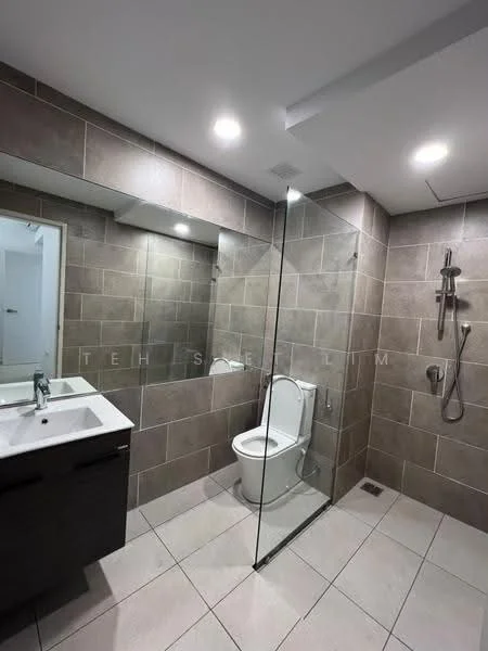 Bathroom features: single-sink vanity with dark wood cabinet, white ceramic sink, chrome basin mixer faucet, framed mirror, walk-in shower with glass enclosure, rain shower head, handheld shower, white one-piece toilet, grey tile walls, light grey floor tiles, recessed LED downlights, exhaust fan; style: modern.
