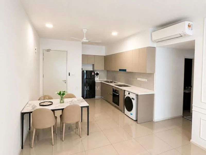 Kitchen features: light grey cabinetry, white quartz countertop, stainless-steel sink, chrome pull-down faucet, built-in oven, 4-burner gas hob, stainless-steel range hood, refrigerator, front-load washing machine, dryer, dining table for four, beige upholstered dining chairs, wall-mounted split AC, tile flooring, white painted walls; style: modern.