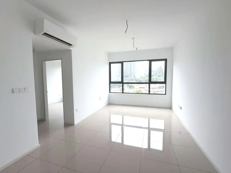 Living features: white painted walls, glossy ceramic tile flooring, floor-to-ceiling windows, 1 wall-mounted split AC, recessed downlights, neutral color scheme, open layout, city view; style: modern; view: city.
