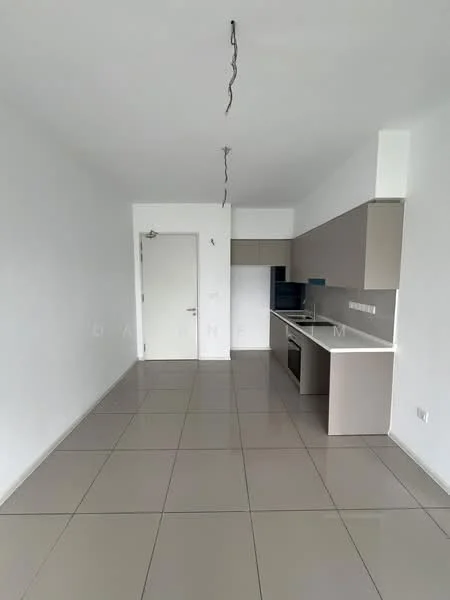 Kitchen features: white painted walls, grey cabinetry, stainless-steel built-in oven, stainless-steel range hood, ceramic tile flooring, single-bowl stainless-steel sink, chrome pull-down faucet, recessed downlights, open layout, kitchen island, no visible appliances other than oven and sink; style: modern.