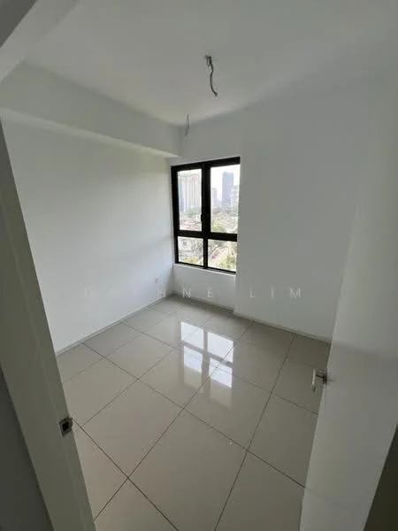 Room features: white painted walls, glossy ceramic tile flooring, floor-to-ceiling windows, city view, single door, ceiling light fixture, neutral color scheme; style: modern; view: city.