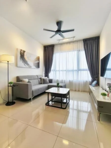Living features: 3-seater fabric sofa in grey, coffee table with black metal frame, floor lamp with white shade, wall-mounted TV, TV console in light grey, floor-to-ceiling windows, sheer curtains, recessed downlights, ceiling fan with light, glossy tile flooring, decorative plants on table; style: modern; view: city.