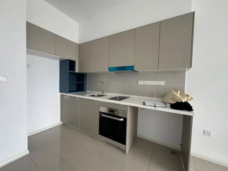 Kitchen features: grey cabinetry with blue accents, white countertop, single-bowl stainless-steel sink, chrome pull-down faucet, built-in oven, ceramic tile flooring, wall-mounted cabinets, open shelving, backsplash with grey tiles, recessed lighting; style: modern.