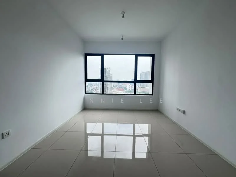 Room features: white painted walls, glossy ceramic tile flooring, floor-to-ceiling windows, city view, single ceiling light fixture; style: modern; view: city.