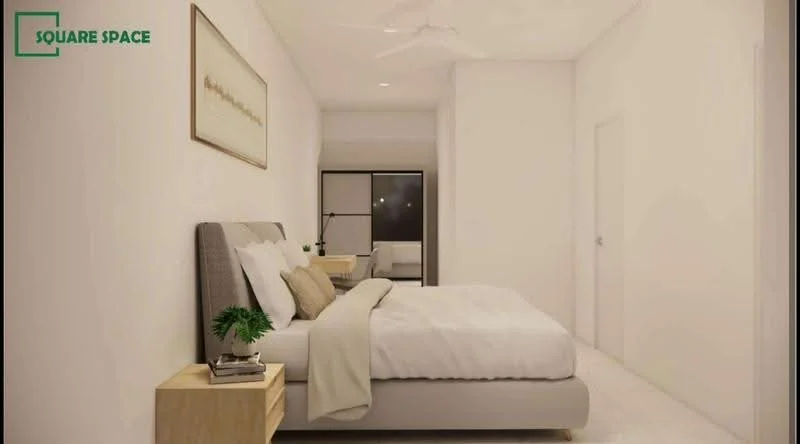 Bedroom features: king-size bed with white bedding, upholstered headboard, two bedside tables, table lamps on each bedside table, ceiling fan, white painted walls, light-colored flooring, large window with sheer curtains, decorative wall art, plant in ceramic pot; style: modern.