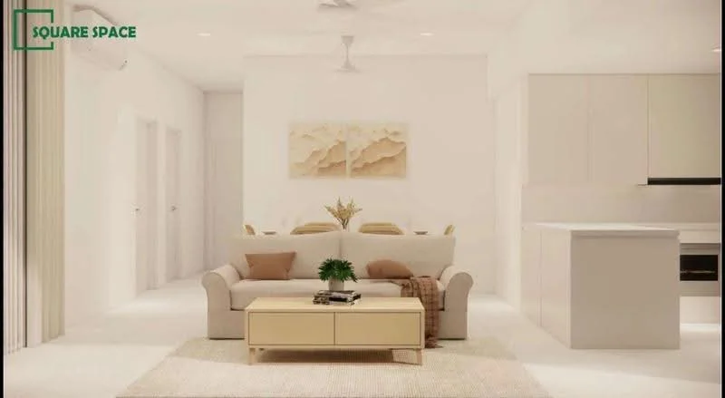 Living features: 3-seater fabric sofa in beige, coffee table with light wood finish, area rug with neutral color, wall-mounted TV console, pendant light fixture, ceiling fan, decorative wall art, light-colored walls, open kitchen area visible, large windows with sheer curtains; style: modern.