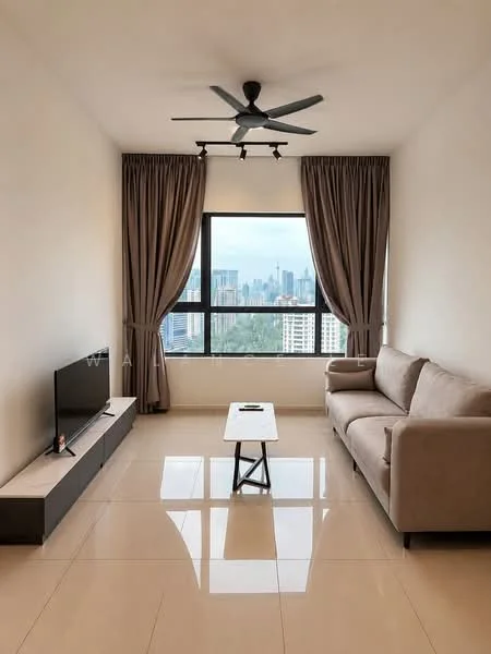 Living features: 3-seater fabric sofa in beige, coffee table with black legs, wall-mounted TV, TV console in black, floor-to-ceiling windows, curtains in light brown, ceiling fan with 5 blades, glossy tile flooring in cream, neutral painted walls; style: modern; view: city.