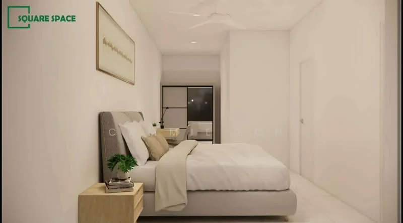 Bedroom features: king-size bed, upholstered headboard, white bedding, nightstand with drawer, decorative wall art, white painted walls, ceiling fan, floor-to-ceiling window, light-colored flooring; style: modern.