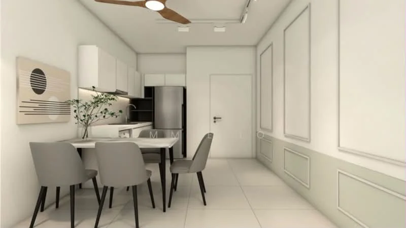Dining features: white painted walls, light grey accent wall, tile flooring, 5-blade ceiling fan with light, dining table for 4, upholstered dining chairs in grey, kitchen cabinetry with white finish, stainless-steel fridge, open kitchen layout, decorative wall art; style: modern.