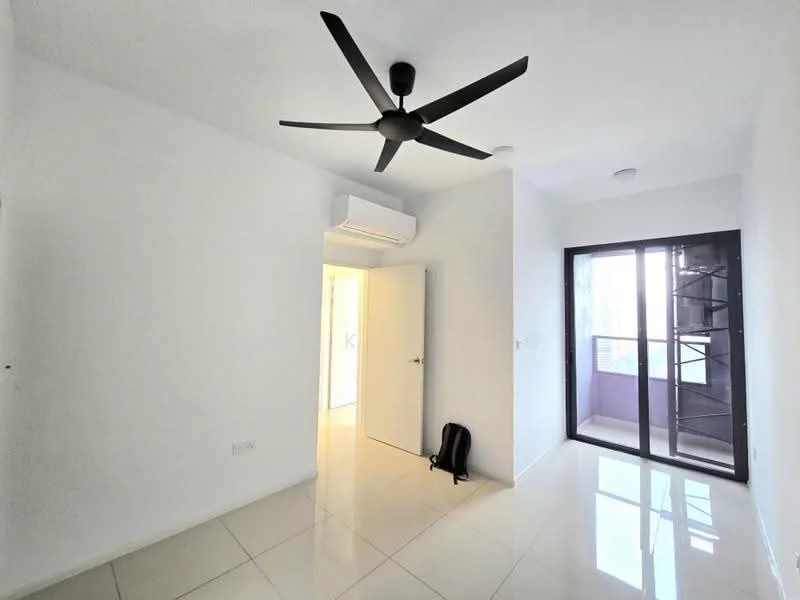 Room features: white painted walls, glossy tile flooring, 5-blade ceiling fan, wall-mounted split AC, floor-to-ceiling windows, sliding glass door, door leading to another room, backpack on the floor; style: modern.