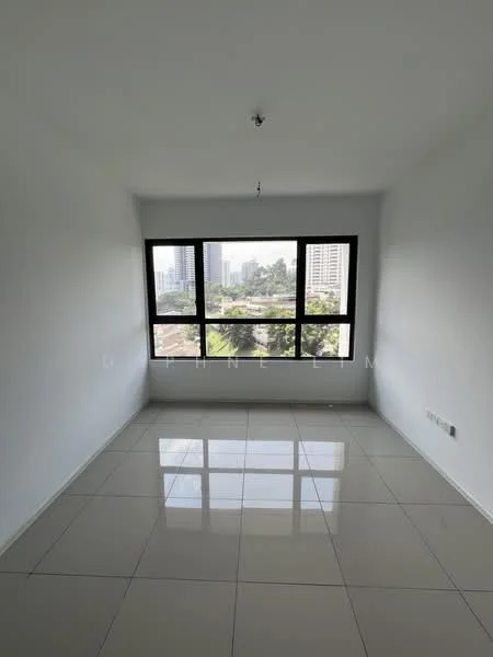 Room features: white painted walls, glossy ceramic tile flooring, large floor-to-ceiling windows, city view, single ceiling light fixture; style: modern; view: city.