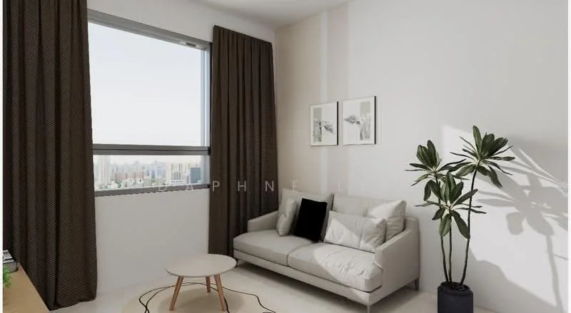 Living features: light-colored fabric sofa, round coffee table, floor-to-ceiling window, brown curtains, decorative plant in pot, framed artwork on wall, neutral wall color, area rug with circular pattern; style: modern; view: city.