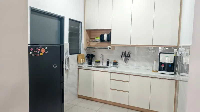 Kitchen features: white cabinetry with flat-panel doors, grey countertop, stainless-steel sink, chrome pull-down faucet, built-in coffee machine, black fridge, kitchen utensils on wall-mounted rack, wall-mounted knife holder, ceramic tile flooring, window with black frame, open shelving, stainless-steel appliances; style: modern.