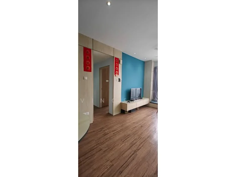 Living features: wooden flooring, blue accent wall, light beige wall, flat-panel TV, TV console, floor-to-ceiling window, sheer curtains, recessed downlights, decorative wall art, doorway to other room; style: modern.