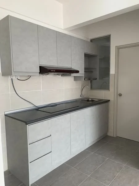 Kitchen features: grey cabinetry, flat-panel cabinets, black countertop, single-bowl stainless-steel sink, chrome pull-down faucet, built-in range hood, ceramic tile backsplash, grey tile flooring, wall-mounted storage shelves, door leading to another room; style: modern.
