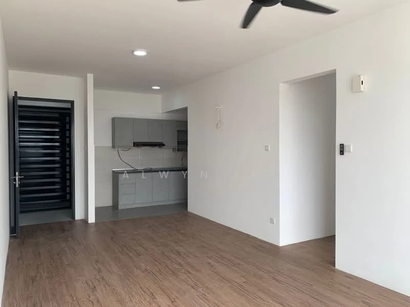 Living features: laminate flooring, white painted walls, ceiling fan, recessed downlights, open layout, doorway to kitchen, doorway to hallway, wall-mounted intercom; style: modern. Kitchen features: grey cabinetry, white tiled backsplash, stainless-steel sink, built-in stove, countertop with space for appliances; style: modern.