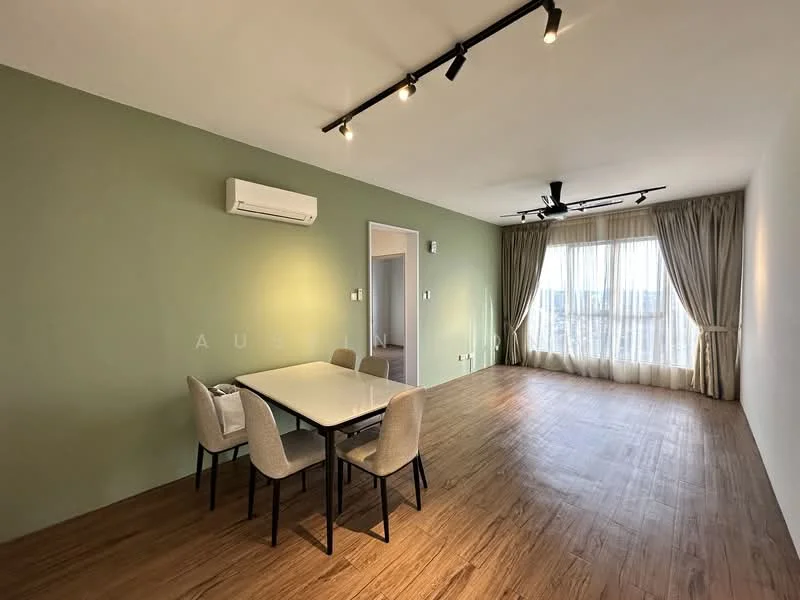 Living features: light wood flooring, green painted walls, floor-to-ceiling windows, sheer curtains, 5-blade ceiling fan with light, 1 wall-mounted split AC, track lighting, dining table with 4 chairs; style: modern; view: city.