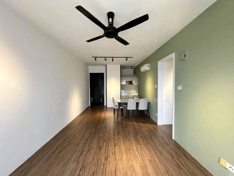 Living features: wooden flooring, green accent wall, white painted walls, 5-blade ceiling fan, recessed LED downlights, wall-mounted air conditioning unit, dining table with chairs, open layout to kitchen, track lighting, doorway leading to other rooms; style: modern.