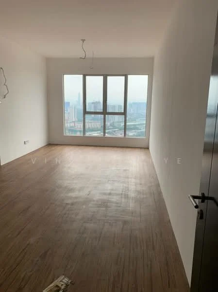 Room features: large floor-to-ceiling windows, wooden flooring, plain white walls, unfurnished space, city skyline view, minimalist lighting fixtures, no visible furniture, natural light; style: modern; view: city.