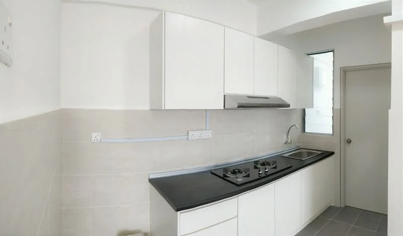 Kitchen features: white cabinetry, black countertop, stainless-steel sink, chrome pull-down faucet, 2-burner gas hob, built-in range hood, tile backsplash, light grey tile flooring, window for natural light, door leading to another area; style: modern.