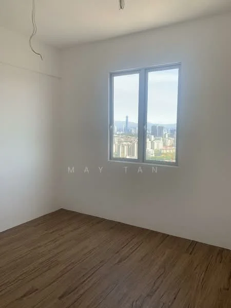 Room features: white painted walls, wooden flooring, floor-to-ceiling window, city view; view: city.