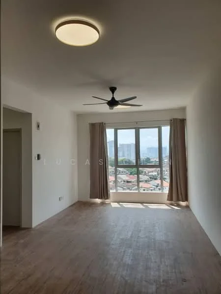 Living features: large floor-to-ceiling windows, curtains, wooden flooring, 5-blade ceiling fan with light, neutral painted walls, natural light from windows, city view, recessed ceiling light; style: modern; view: city.