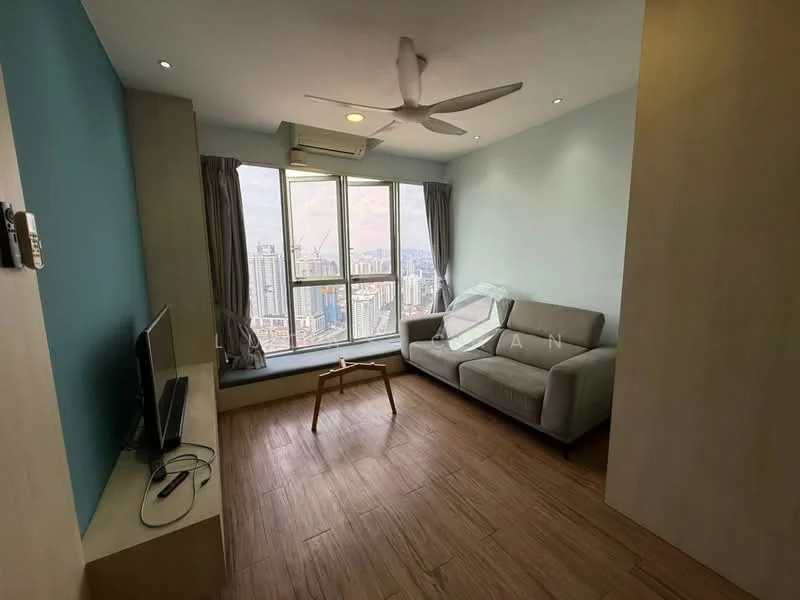 Living features: floor-to-ceiling windows, grey fabric sofa, wooden flooring, wall-mounted TV, light blue accent wall, recessed downlights, 5-blade ceiling fan, curtains, coffee table, air conditioning unit; style: modern; view: city.