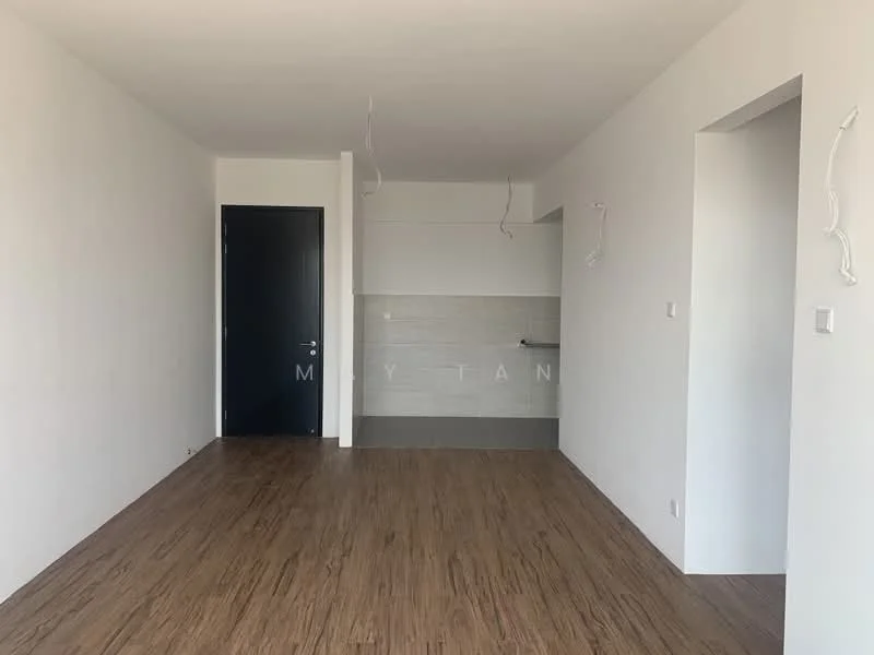 Room features: white painted walls, wood laminate flooring, black door, kitchenette area with grey tile backsplash, no visible appliances, no visible furniture, ceiling with exposed wiring, open layout; style: modern.
