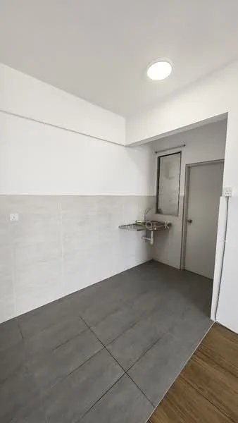 Laundry features: grey tiled flooring, white painted walls, single-bowl stainless-steel sink, chrome faucet, mirror above sink, door leading to another room, light fixture on ceiling; style: modern.