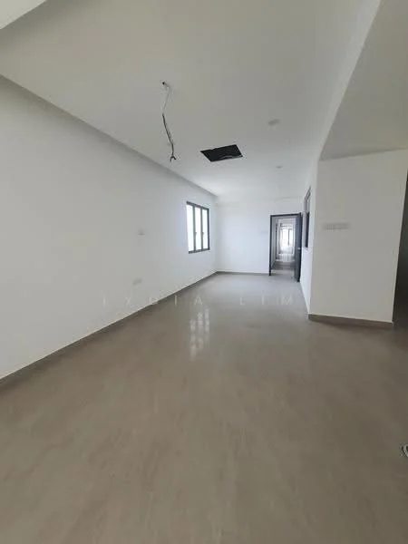 Room features: white painted walls, polished ceramic tile flooring, recessed downlights, multiple windows, open layout, ceiling with exposed wiring, neutral color scheme, corner entry door; style: modern.