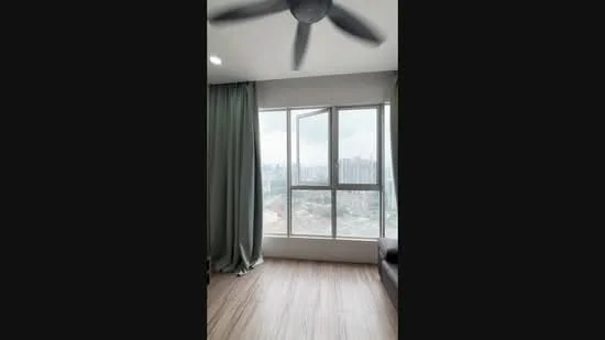 Room features: floor-to-ceiling windows, grey curtains, laminate flooring, ceiling fan, city view; style: modern; view: city.