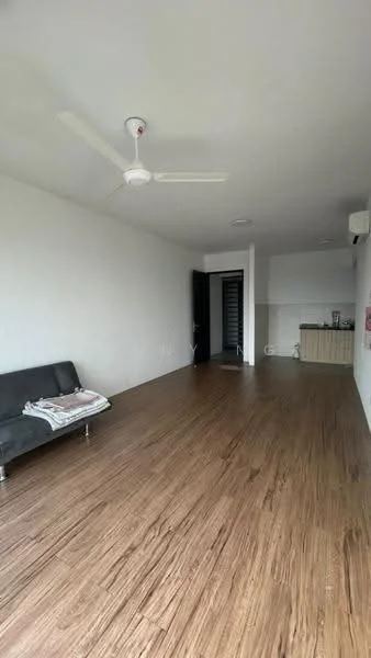 Living features: laminate wood flooring, white painted walls, 5-blade ceiling fan, sofa, open kitchen area visible, doorway leading to kitchen, large windows, natural light; style: modern.