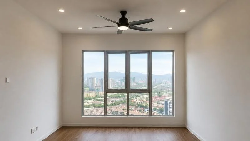 Room features: 5-blade ceiling fan with light, floor-to-ceiling windows, white painted walls, wooden flooring, city view, recessed downlights; style: modern; view: city.