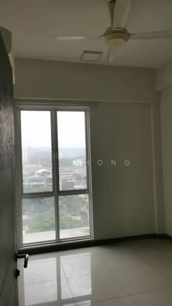 Room features: floor-to-ceiling windows, white painted walls, polished tile flooring, ceiling fan, city view; style: modern; view: city.
