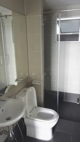 Bathroom features: white ceramic toilet, bidet spray, single-sink vanity with chrome faucet, mirror above sink, glass shower enclosure, tile flooring in dark grey, light grey tiled walls, window for natural light; style: modern.