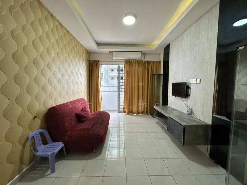 Living features: red fabric sofa, small blue plastic chair, wall-mounted TV, TV console, white tiled flooring, cream painted walls, textured accent wall, floor-to-ceiling windows with sheer curtains, recessed ceiling lights, air conditioning unit; style: modern.